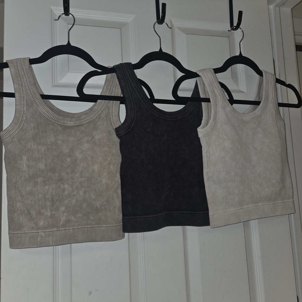 Zenana Brand New Set of 3 Ribbed Tank Tops Built In Bra- Neutrals S/M
